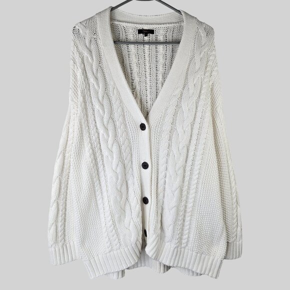Quince Cardigan Sweater M White Organic Cotton Chunky Cable Knit Button Front - Picture 1 of 12